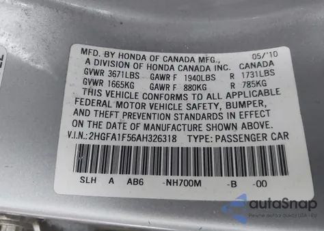 2010 Honda Civic Lx from USA, damaged, VIN 2HGFA1F56AH326318